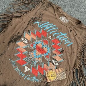 Affliction Women's AC Shaman Fringe Muscle Tee Brown Sz 2XL Bedazzled Y2K Style